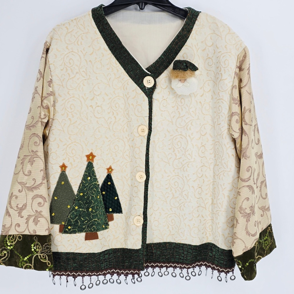 Vintage Christmas Santa Claus Corduroy‎ Cardigan Jacket Women One Sz Beige Green